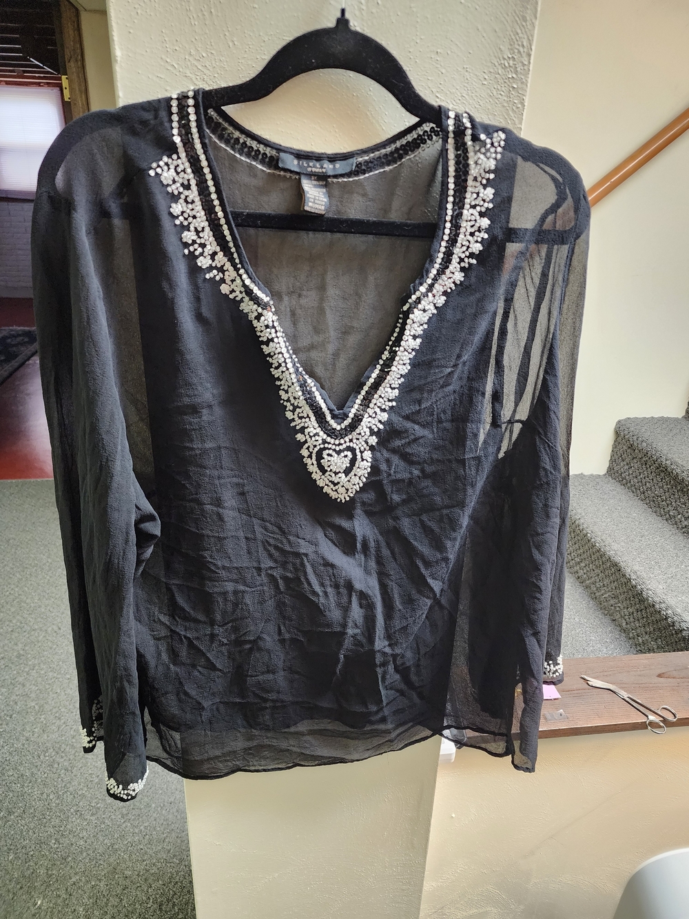 SilkLand Silk 3x  Black Sheer Tunic with Beaded V-Neck